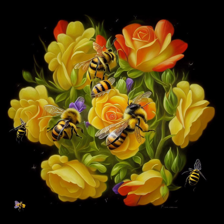 Colorful Bees and Roses Illustration on Black Background