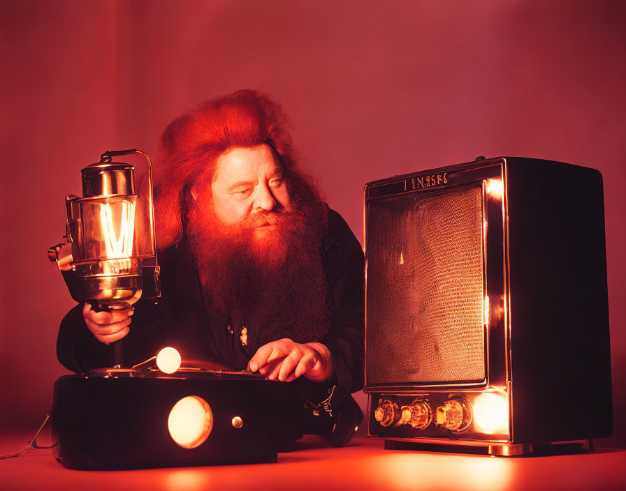 Bearded person gazes at large light bulb next to "Tannsée" speaker in red