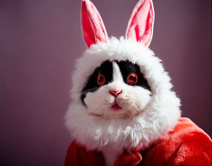 Red Outfit Person with Fluffy Bunny Mask on Purple Background