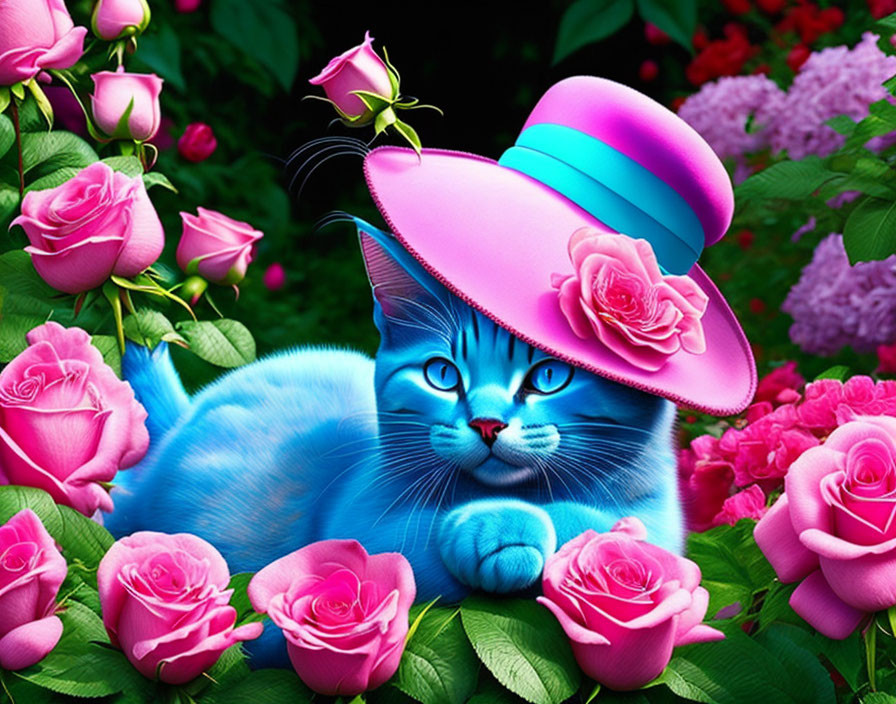 Vibrant Digital Artwork: Blue Cat with Green Eyes and Pink Hat among Pink Roses
