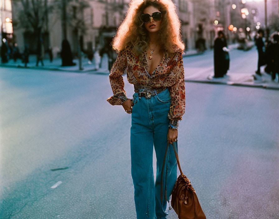 Retro fashion woman with curly hair, sunglasses, patterned blouse, and high-waisted jeans