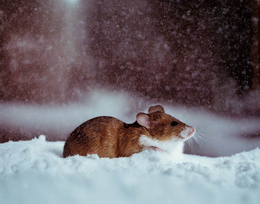 Brown and White Mouse in Snowfall on Dark Background