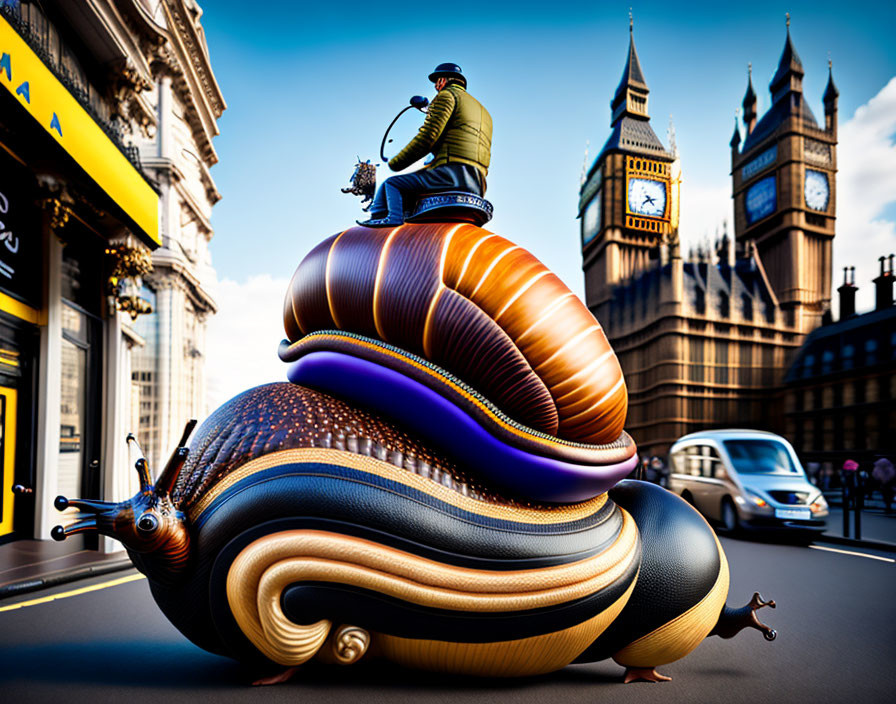 Colorful surreal illustration: giant snail with man playing trumpet by Big Ben