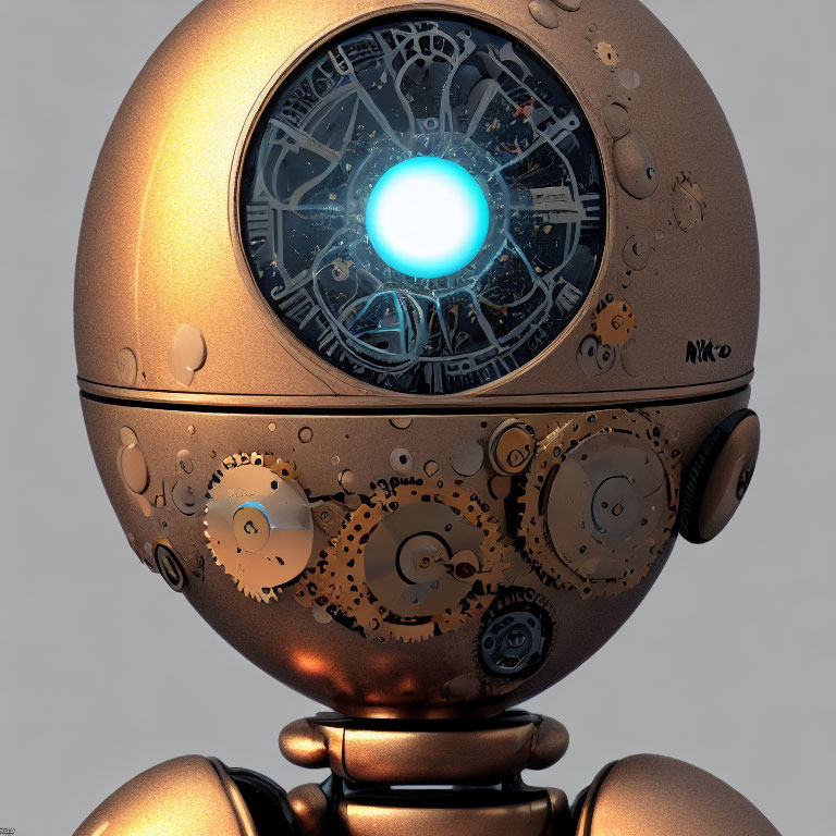 Detailed 3D Rendering of Steampunk-Style Robot Head with Glowing Blue Eye