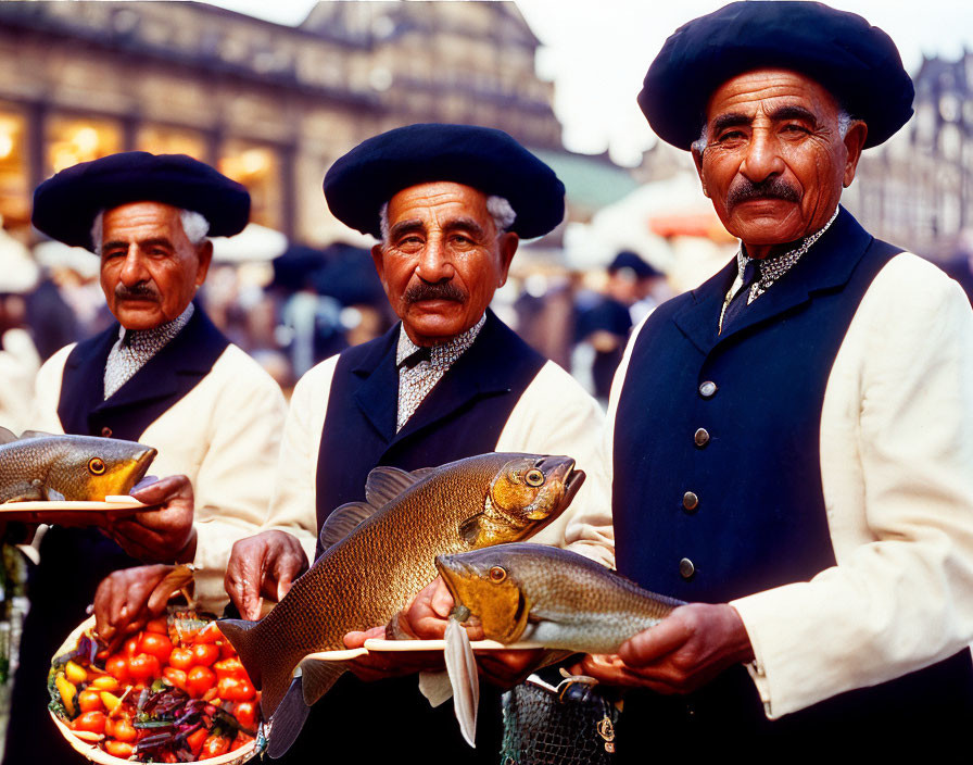 Traditional Attire Men Holding Fresh Fish at Outdoor Market