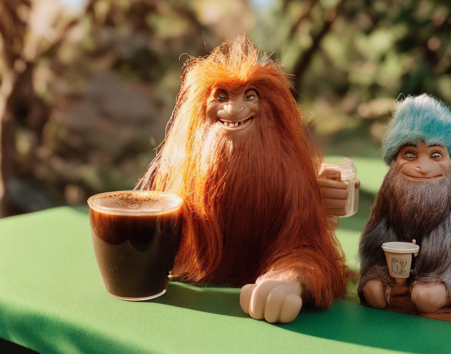 Colorful Hair Toy Trolls Sitting at Table with Coffee Cups