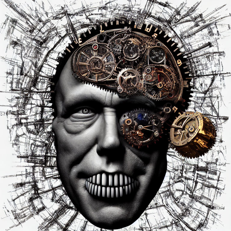 Illustration of human face with mechanical gears against abstract background