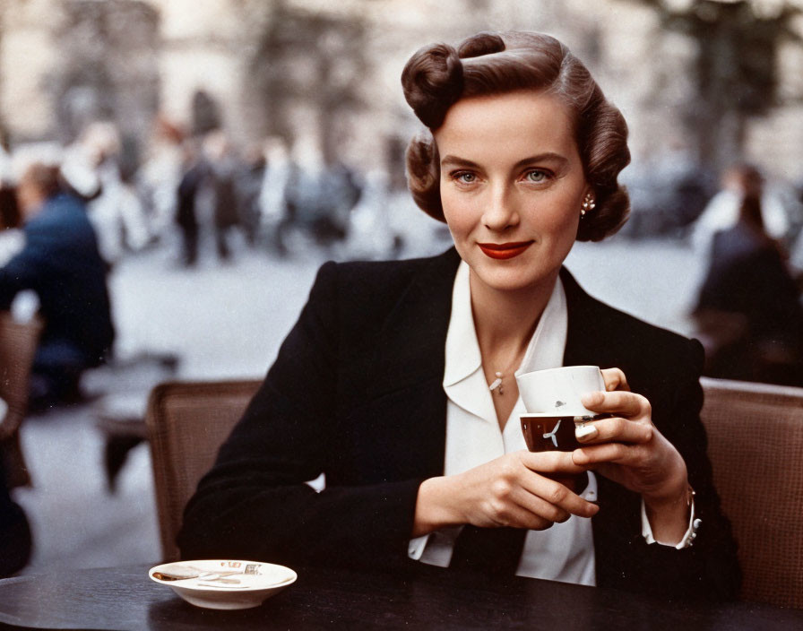 Vintage Hairstyle Woman Enjoying Coffee at Outdoor Café