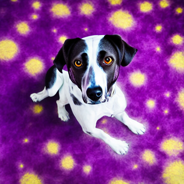 Black and white dog with striking eyes on purple carpet with yellow polka dots