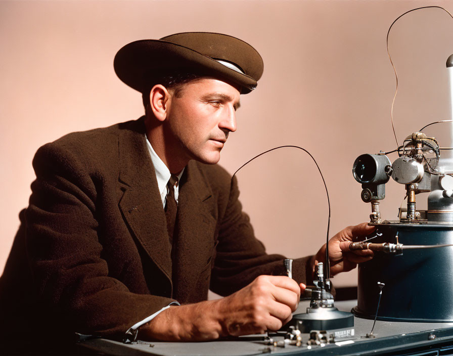 Man in suit and hat examining scientific equipment with focus.