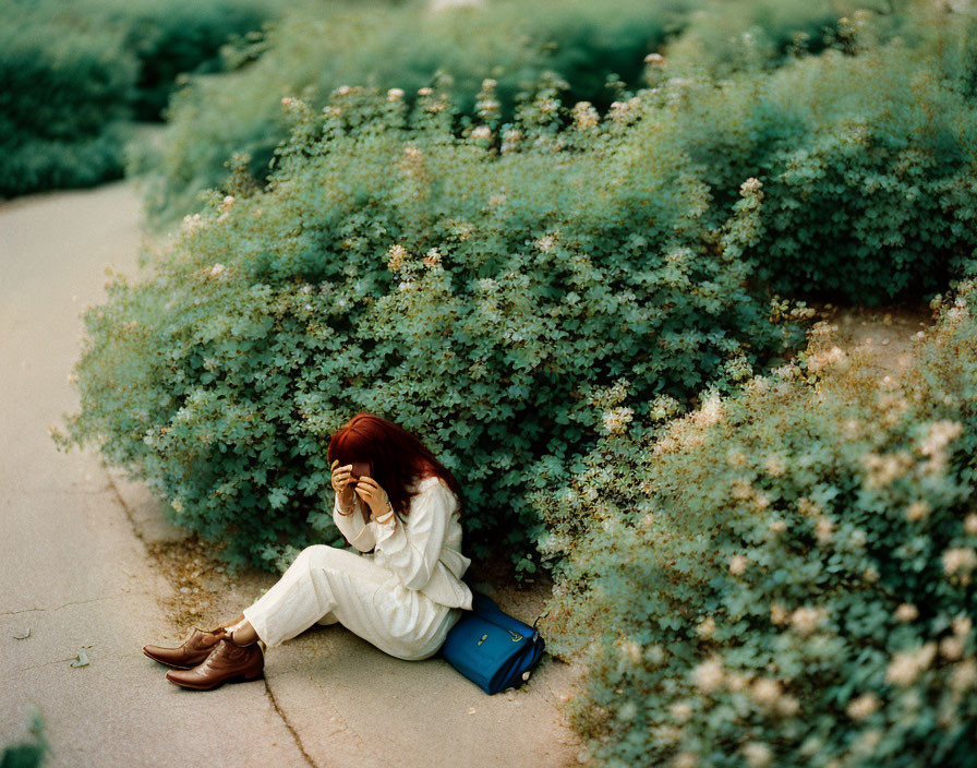 Red-haired person on sidewalk with green bushes, blue bag, and phone