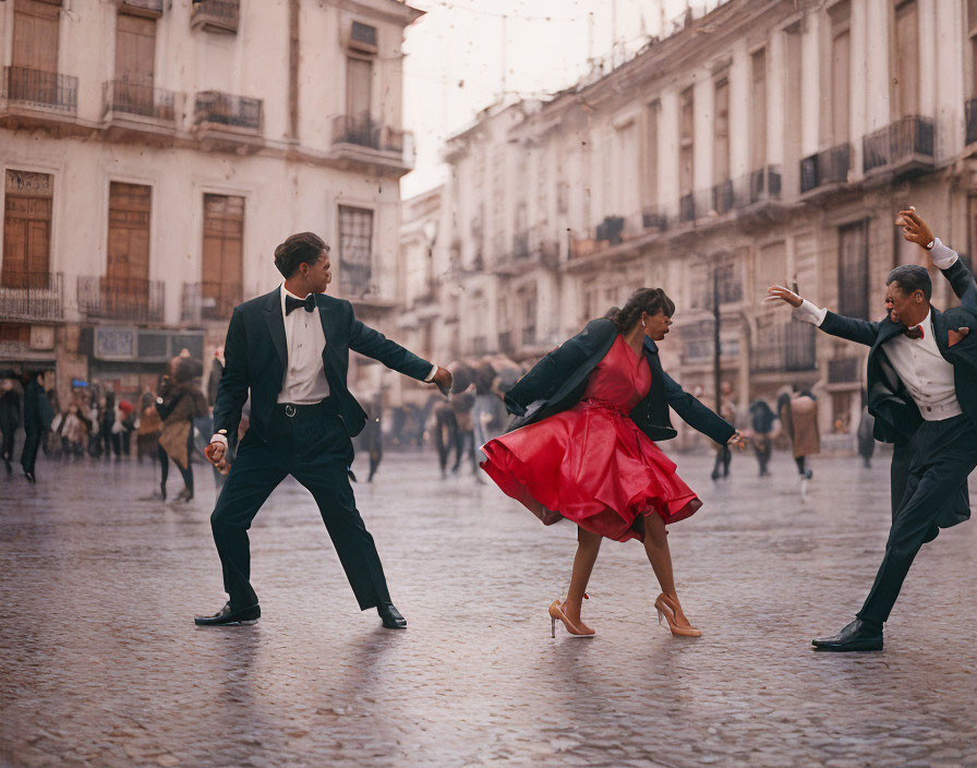 Three individuals dancing in cobbled square - two men in suits, woman in red skirt mid-twirl