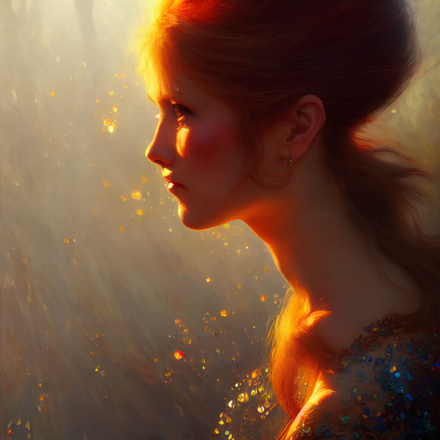 Red-Haired Woman in Sunlight with Golden Glitters and Sequins