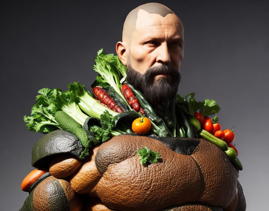 Man's head and upper body merged with fresh vegetables like zucchini, tomatoes, and greens