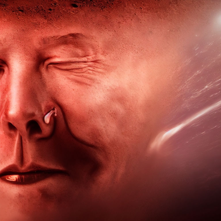 Detailed close-up of person's face with eyes closed, obscured by red mist