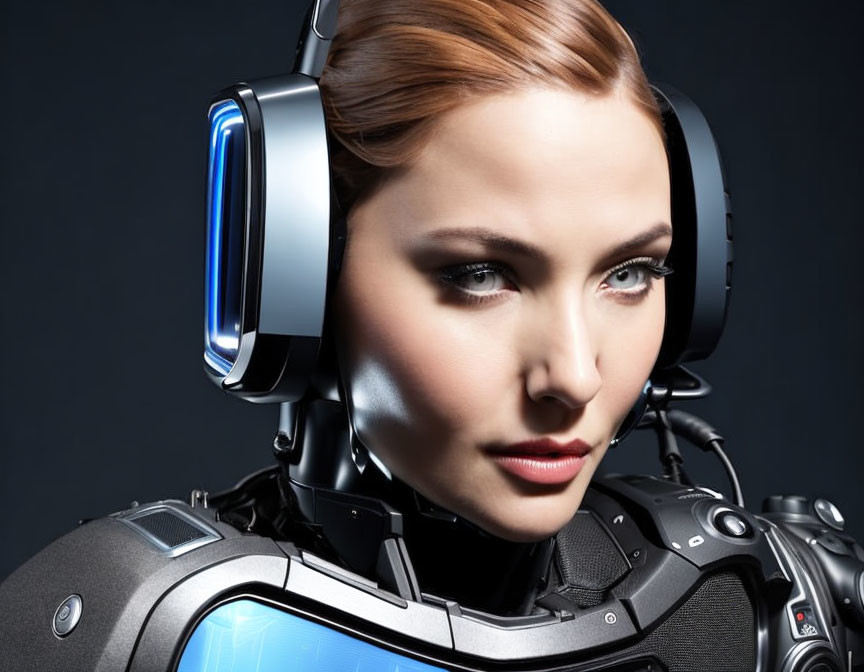 Futuristic female humanoid robot in body armor with sleek headset