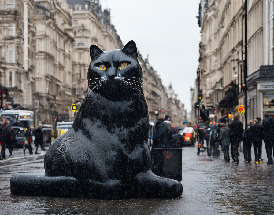 Large Black Cat Sculpture in Rainy City Street with Classic Architecture and Traffic