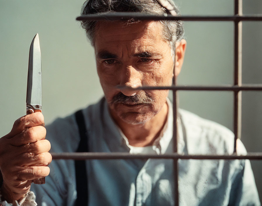 Elderly man with mustache holding knife by white grid structure