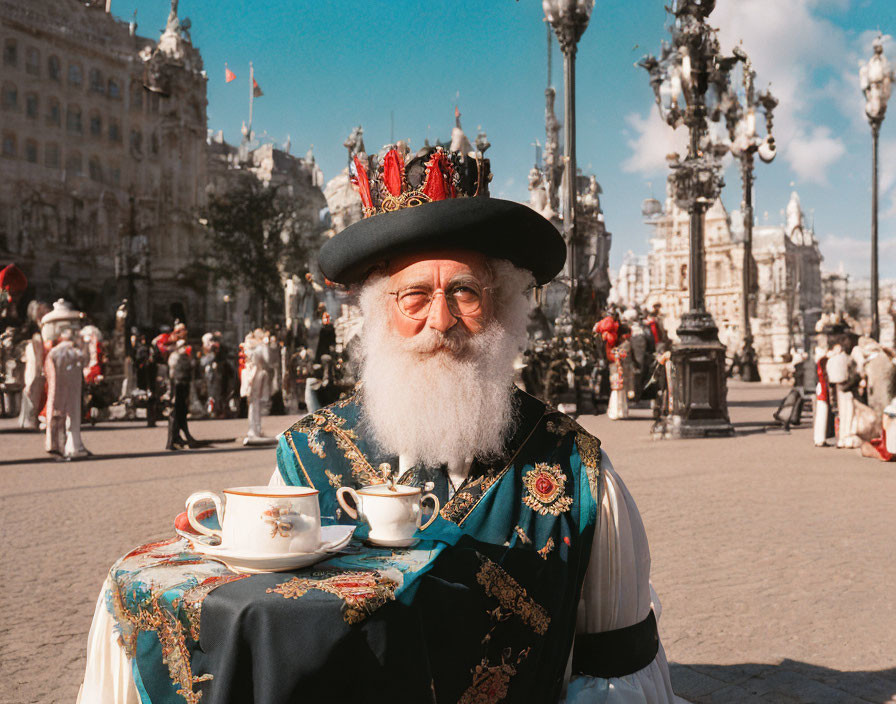 Man in ornate costume with crown and medals at table with tea cups in historic setting.