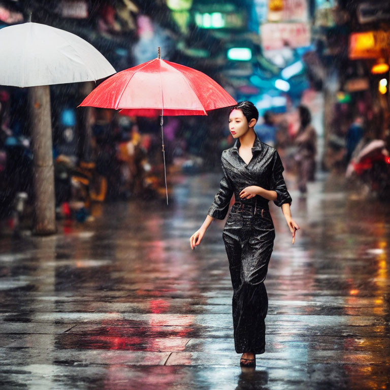 Confident woman with red umbrella in rain-drenched street