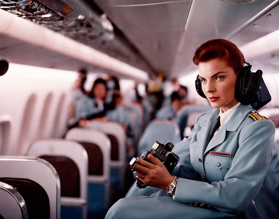 Female airline staff in teal uniform with headset and camera in airplane cabin.