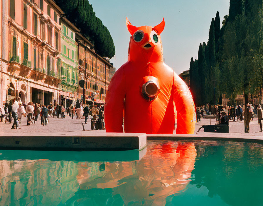Giant Inflatable Red Creature with Snorkel by Pool in Public Square