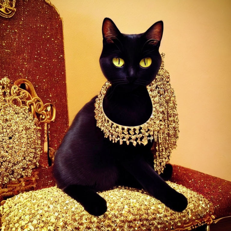 Black cat with green eyes on gold chair in pearl necklace