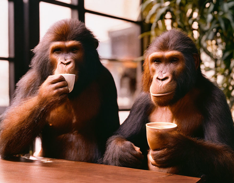 Orangutans at table enjoying tea or coffee