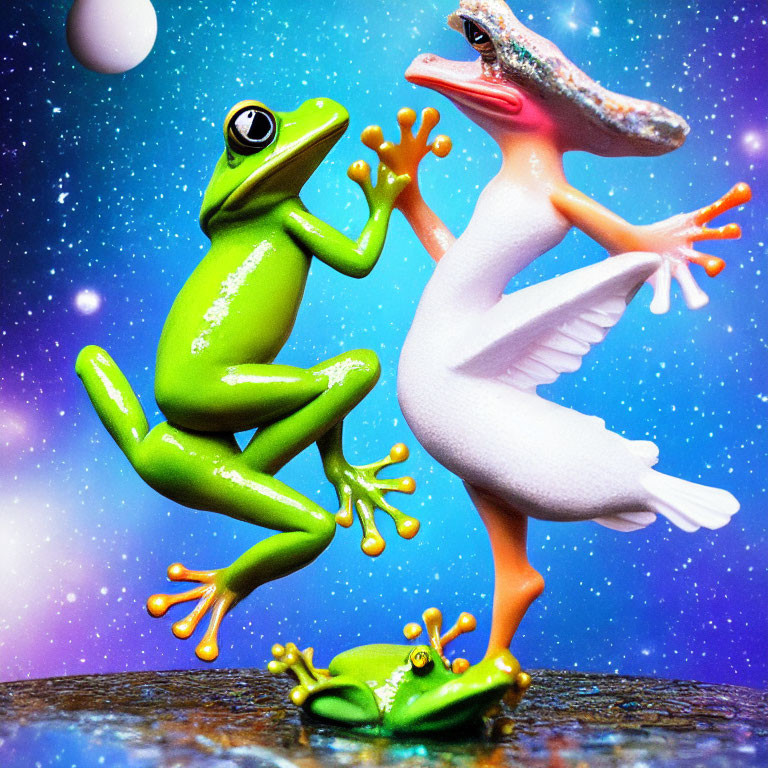 Stylized green and white frogs dancing under starry night sky