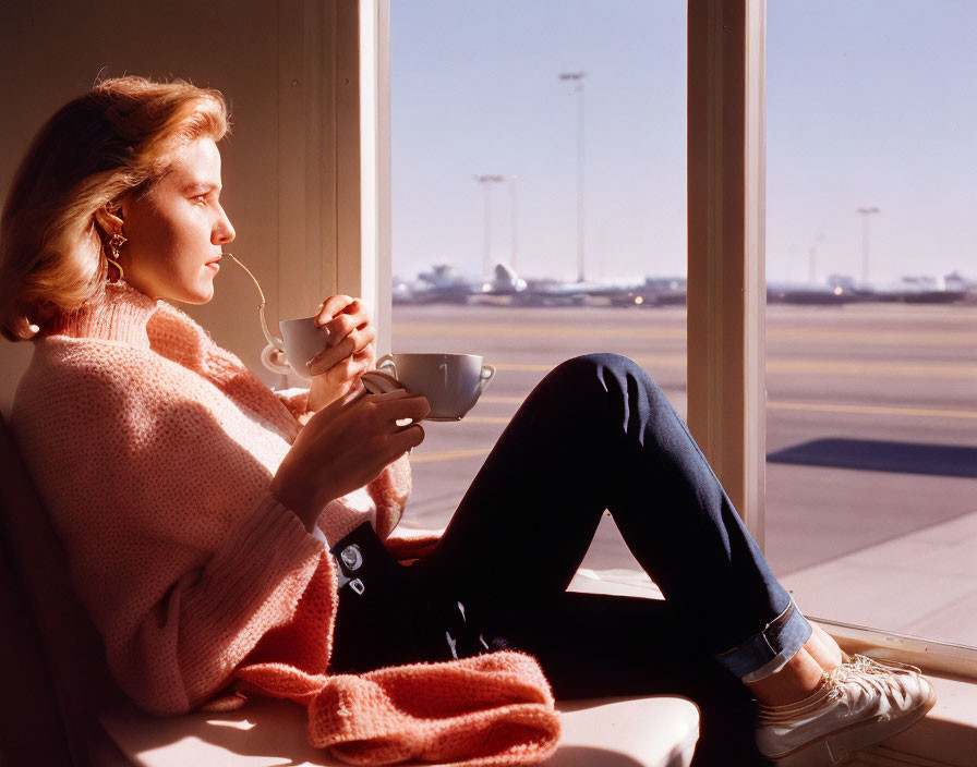Woman sipping coffee by airport window with planes in background