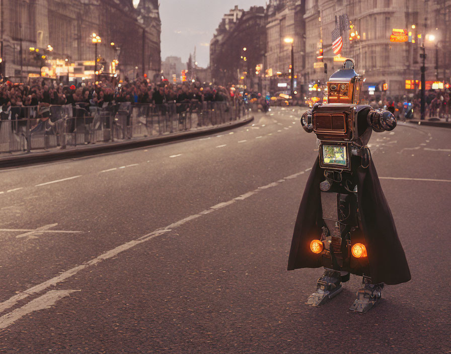 Retro robot with cape and glowing eyes in city street at dusk