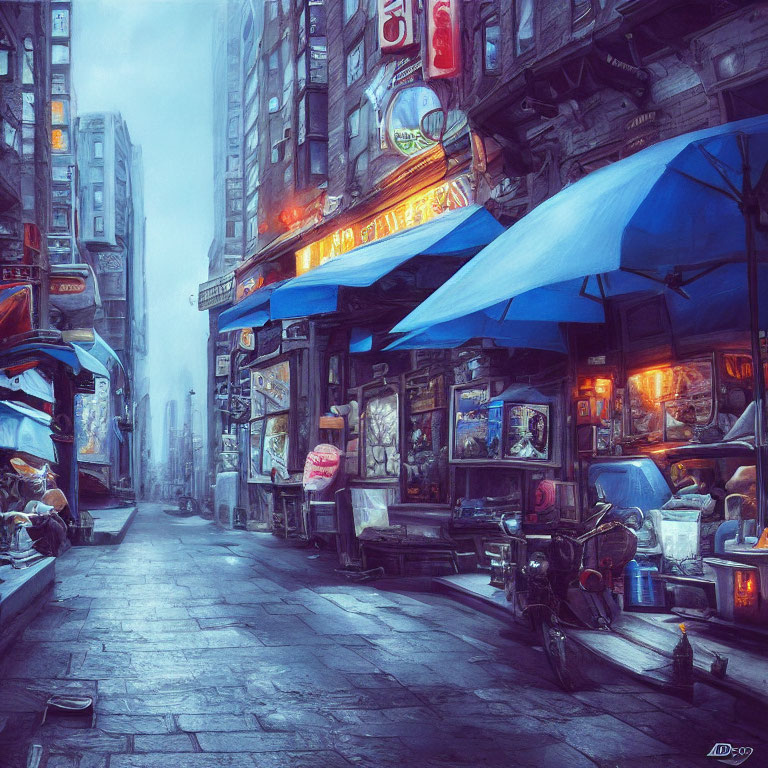 Rainy urban alley with neon-lit shops and person under blue awning