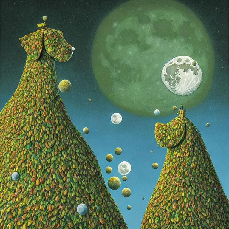 Surrealist artwork: Two tree-shaped hills with faces under starry sky