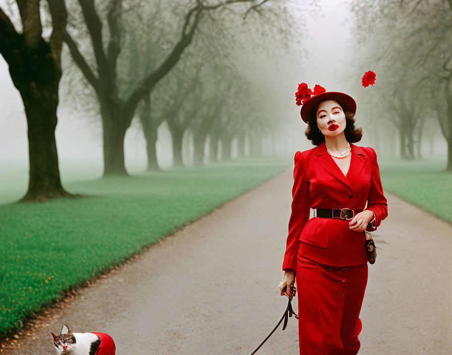 Woman in red suit walks cat on leash in misty forest path