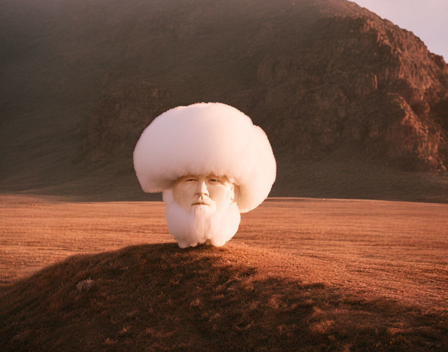 Person with oversized white wig in field at sunset with mountain background