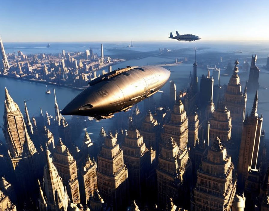 Futuristic airship over sunlit city skyline with high-rise buildings