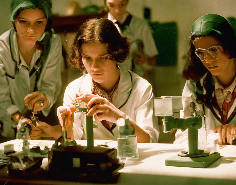 Three students in lab coats and safety glasses conducting experiment in science lab