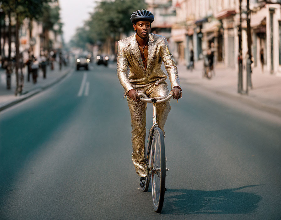 Person in Shiny Gold Suit Riding Bicycle in City Street
