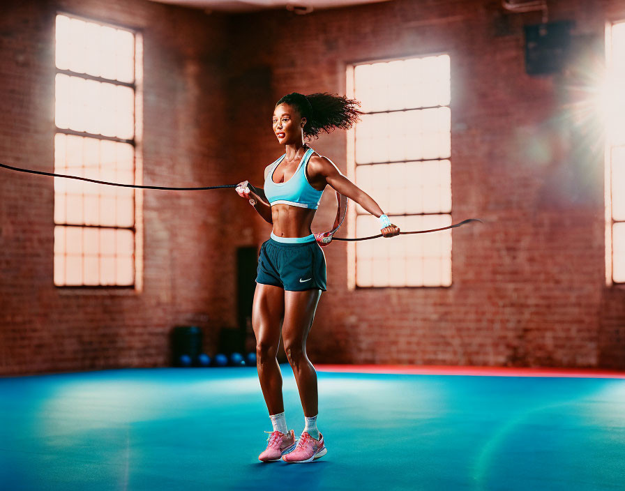 A woman skipping with a jump rope in a gym