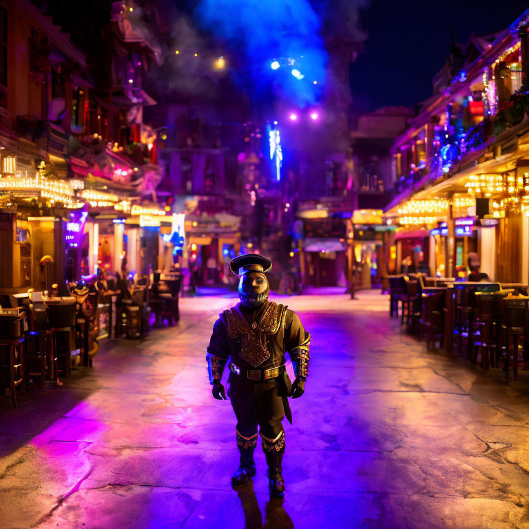 Futuristic costume in neon-lit street with traditional architecture
