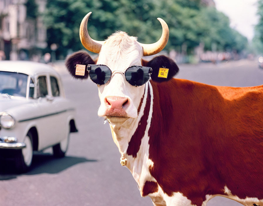 Cow with sunglasses and ear tags in city street with vintage car