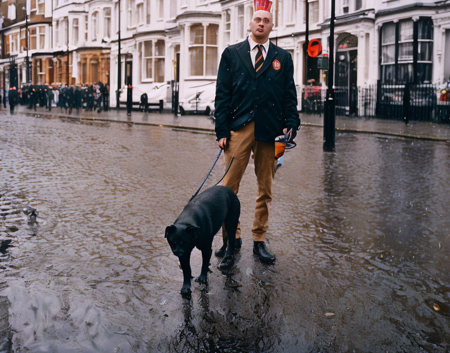 Man in blazer and tie walking black dog on rainy city street with reflective wet pavement