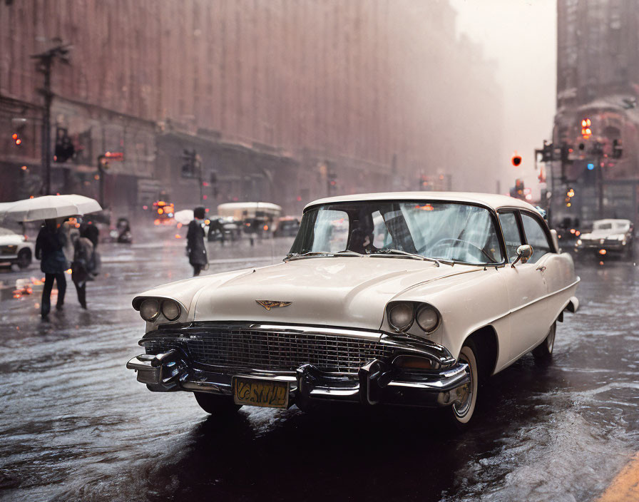 Classic Car in Rainy City Scene with Pedestrians and Reflective City Lights
