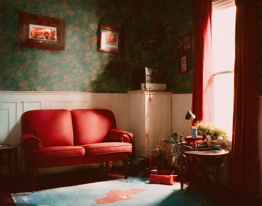 Classic Living Room with Red Sofa, Patterned Wallpaper, Sunlight, Framed Pictures, and Plants