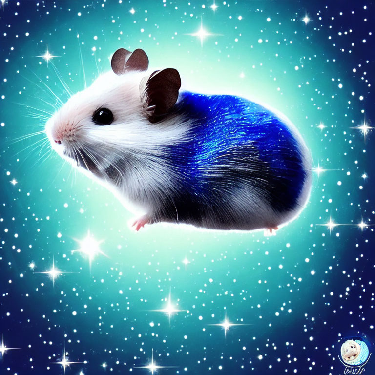 Cosmic blue and white fur hamster with brown hat on starry background