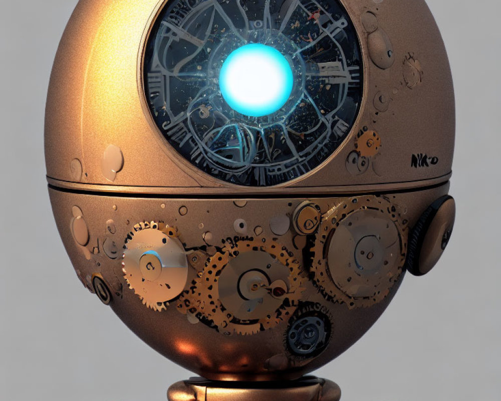 Detailed 3D Rendering of Steampunk-Style Robot Head with Glowing Blue Eye