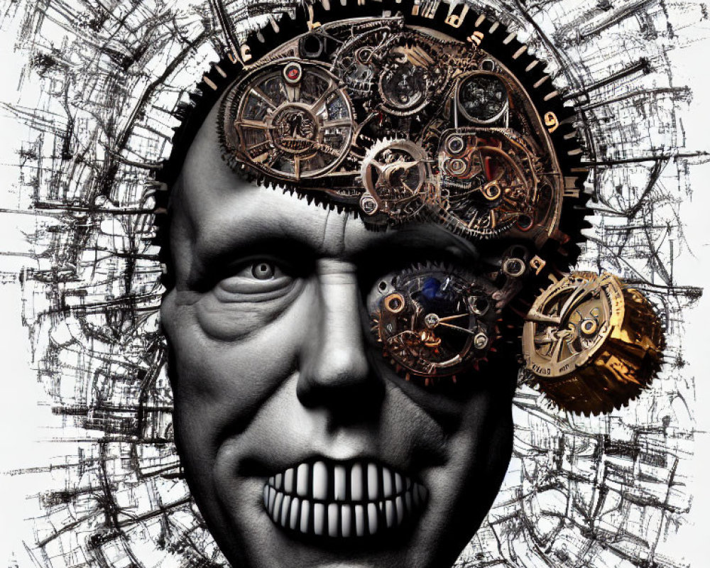 Illustration of human face with mechanical gears against abstract background