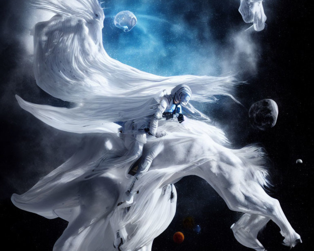 Astronaut riding horse-shaped nebula in cosmic fantasy scene