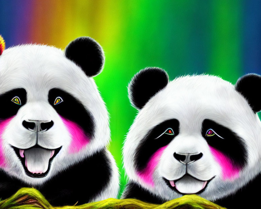Colorful Stylized Pandas Resting on Wood Log Against Abstract Background