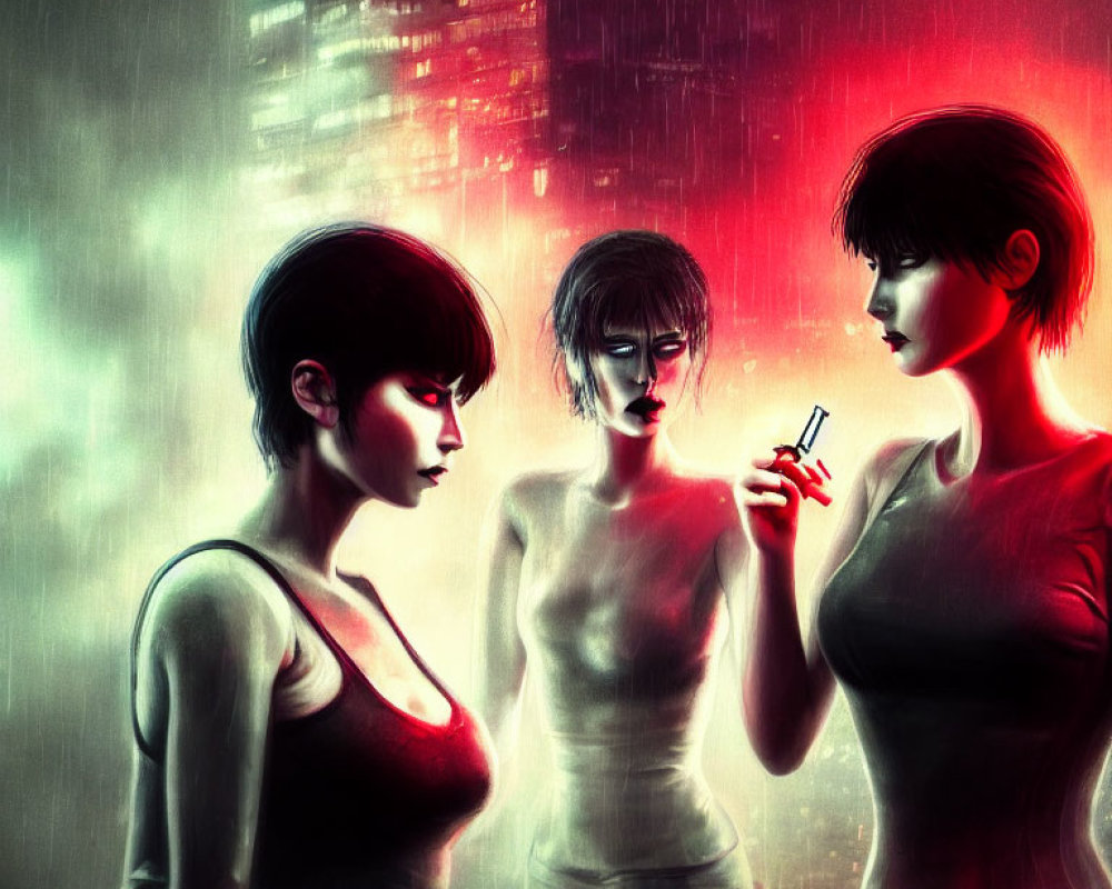Illustrated women in futuristic setting with neon lights and rain.